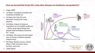 Have we learned that Covid, HIV, many other diseases are Syndemics not pandemics?
• Singer, 2009
• 1st Wave: Immediate mortality and
morbidity of COVID-19.
• 1st Wave Tail: Post-ICU and
admission recovery for many
patients.
• 2nd Wave: Impact of resource
restrictions on non-COVID conditions
– all the usual urgent things that
people need immediate treatment
for – acute.
• 3rd Wave: The impact of interrupted
care of chronic conditions (people
stayed home).
• 4th Wave: Psychic trauma, mental
illness, PTSD, economic injury,
burnout, and more.
• LONG COVID
 