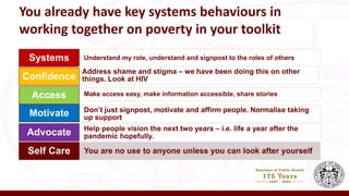 You already have key systems behaviours in
working together on poverty in your toolkit
Understand my role, understand and signpost to the roles of others
Systems
Address shame and stigma – we have been doing this on other
things. Look at HIV
Confidence
Make access easy, make information accessible, share stories
Access
Don’t just signpost, motivate and affirm people. Normalise taking
up support
Motivate
Help people vision the next two years – i.e. life a year after the
pandemic hopefully.
Advocate
You are no use to anyone unless you can look after yourself
Self Care
 