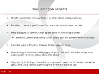 How Octagon Benefits

   Create relationships with new targets for other clients and sponsorships


   Receives a percentage of any of the new endorsement deals created


   More exposure for Jimmer, which opens doors for future opportunities

        Promotes Jimmer’s new shoe, which public does not currently know a lot about


   Potential to be a ‘friend’ of Kaskade for his marketing deals


   Helps Octagon continue to bridge gap of sports and music industries, where more
    opportunities for newer clients can come about


   Opportunity for Octagon to run future, major music events that Kaskade partakes in
    (EDC, Ultra Music Festival, Cosmic Opera, events not created yet)
 