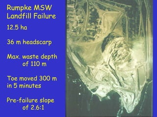 Rumpke MSW
Landfill Failure
12.5 ha
36 m headscarp
Max. waste depth
of 110 m
Toe moved 300 m
in 5 minutes
Pre-failure slope
of 2.6:1
 