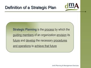 Definition of a Strategic Plan Strategic Planning   is the  process  by which the  guiding members  of an organization  envision  its  future  and  develop  the necessary  procedures and operations  to  achieve that future 