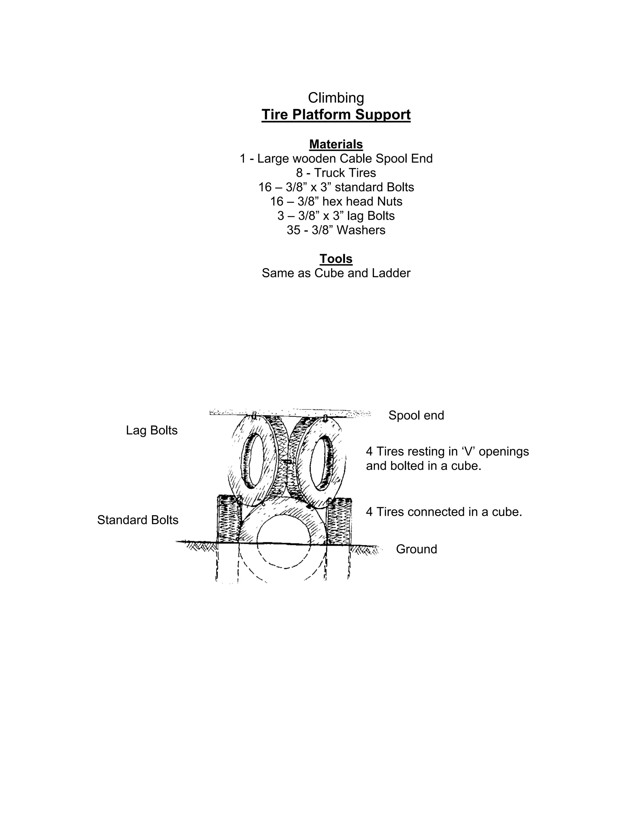 Climbing
Tire Platform Support
Materials
1 - Large wooden Cable Spool End
8 - Truck Tires
16 – 3/8” x 3” standard Bolts
16 – 3/8” hex head Nuts
3 – 3/8” x 3” lag Bolts
35 - 3/8” Washers
Tools
Same as Cube and Ladder
Lag Bolts
Standard Bolts
Spool end
4 Tires resting in ‘V’ openings
and bolted in a cube.
4 Tires connected in a cube.
Ground
 