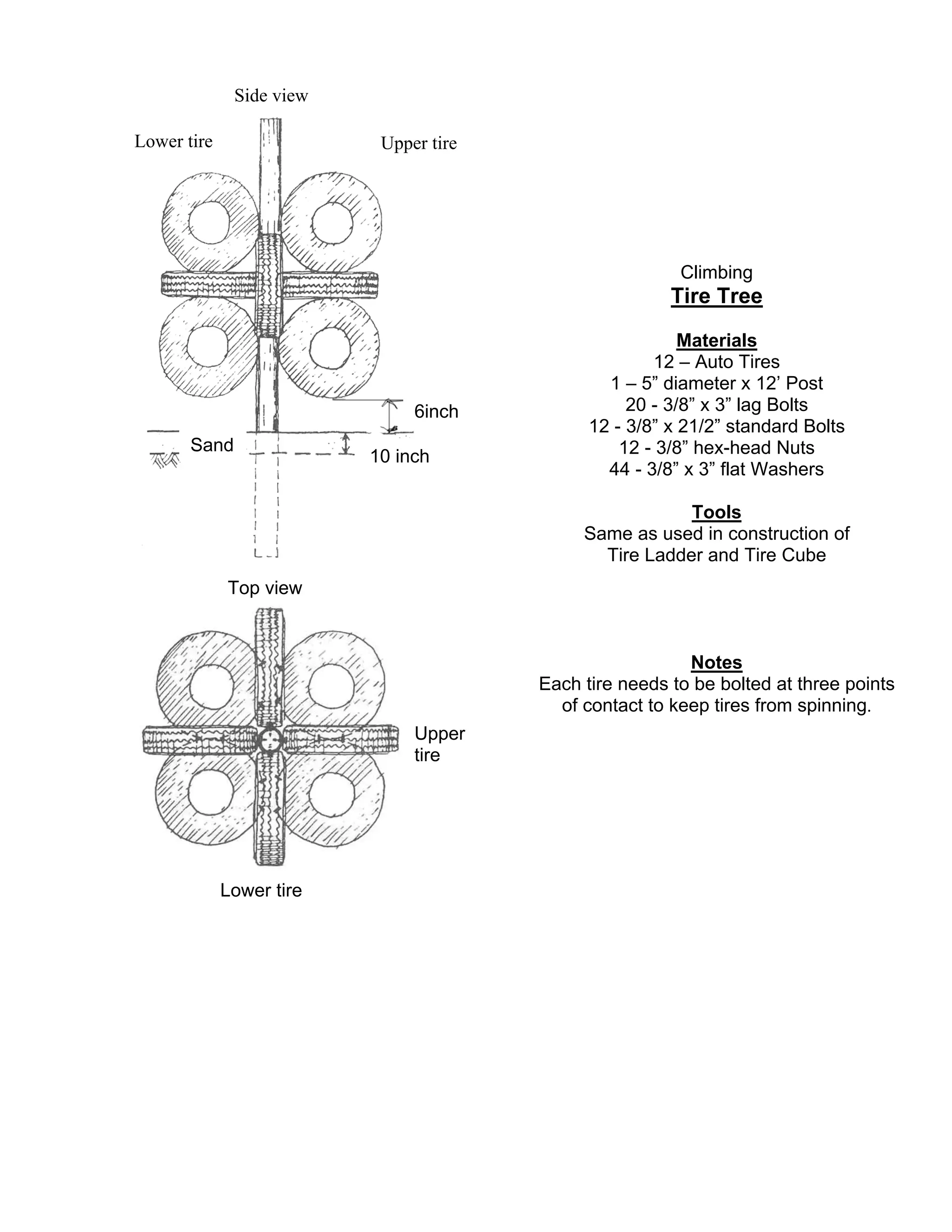 Climbing
Tire Tree
Materials
12 – Auto Tires
1 – 5” diameter x 12’ Post
20 - 3/8” x 3” lag Bolts
12 - 3/8” x 21/2” standard Bolts
12 - 3/8” hex-head Nuts
44 - 3/8” x 3” flat Washers
Tools
Same as used in construction of
Tire Ladder and Tire Cube
Notes
Each tire needs to be bolted at three points
of contact to keep tires from spinning.
Lower tire Upper tire
6inch
10 inch
Sand
Side view
Top view
Upper
tire
Lower tire
 