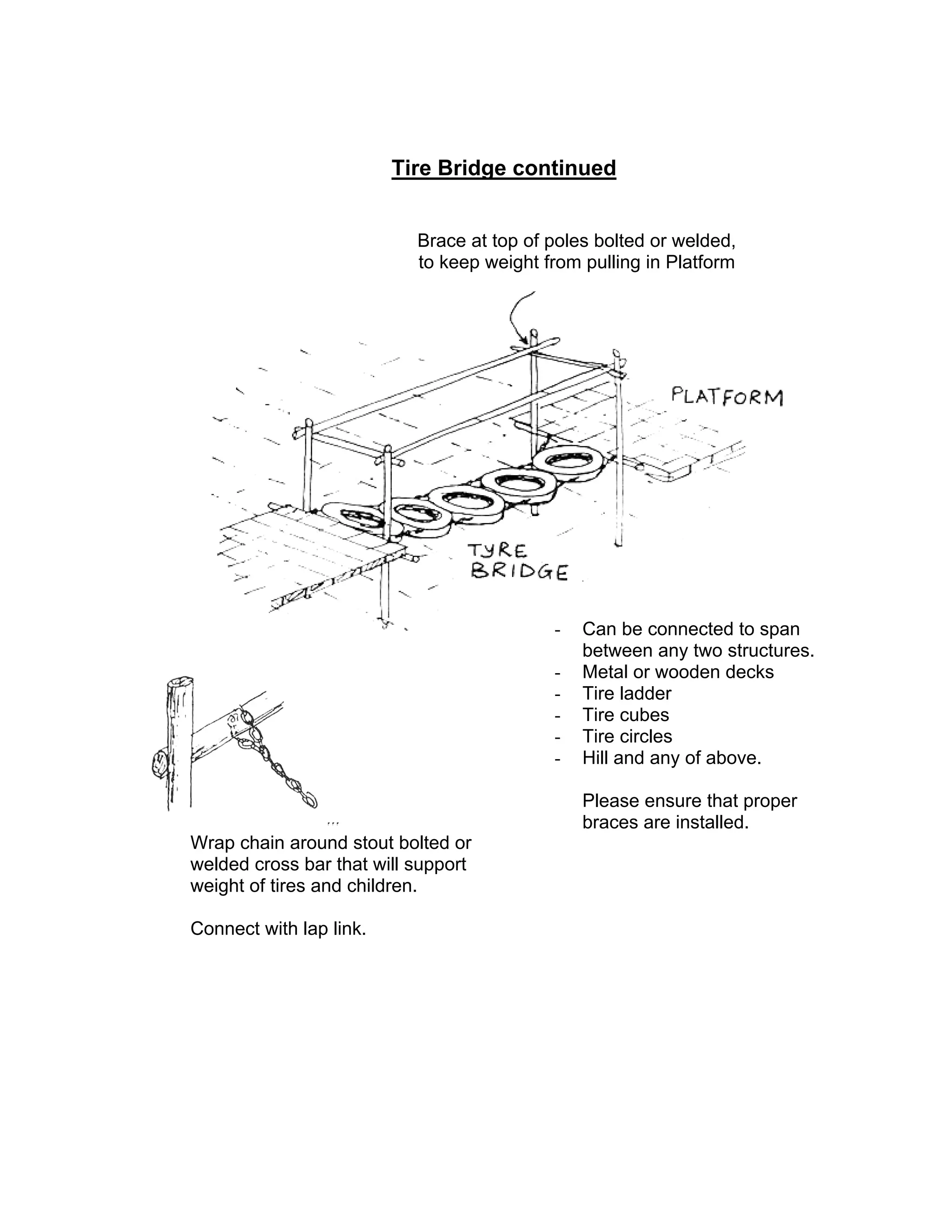 Tire Bridge continued
Brace at top of poles bolted or welded,
to keep weight from pulling in Platform
- Can be connected to span
between any two structures.
- Metal or wooden decks
- Tire ladder
- Tire cubes
- Tire circles
- Hill and any of above.
Please ensure that proper
braces are installed.
Wrap chain around stout bolted or
welded cross bar that will support
weight of tires and children.
Connect with lap link.
 