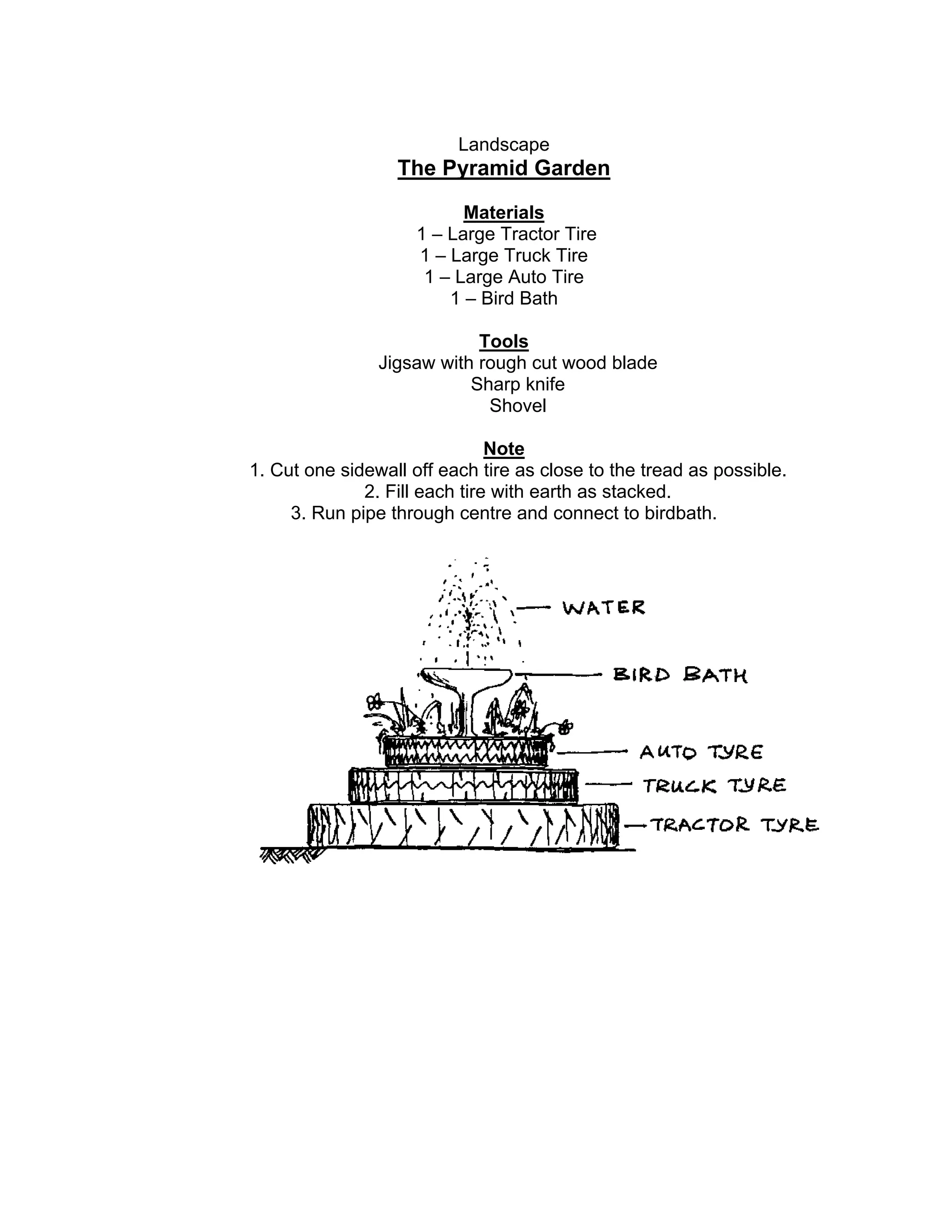 Landscape
The Pyramid Garden
Materials
1 – Large Tractor Tire
1 – Large Truck Tire
1 – Large Auto Tire
1 – Bird Bath
Tools
Jigsaw with rough cut wood blade
Sharp knife
Shovel
Note
1. Cut one sidewall off each tire as close to the tread as possible.
2. Fill each tire with earth as stacked.
3. Run pipe through centre and connect to birdbath.
 