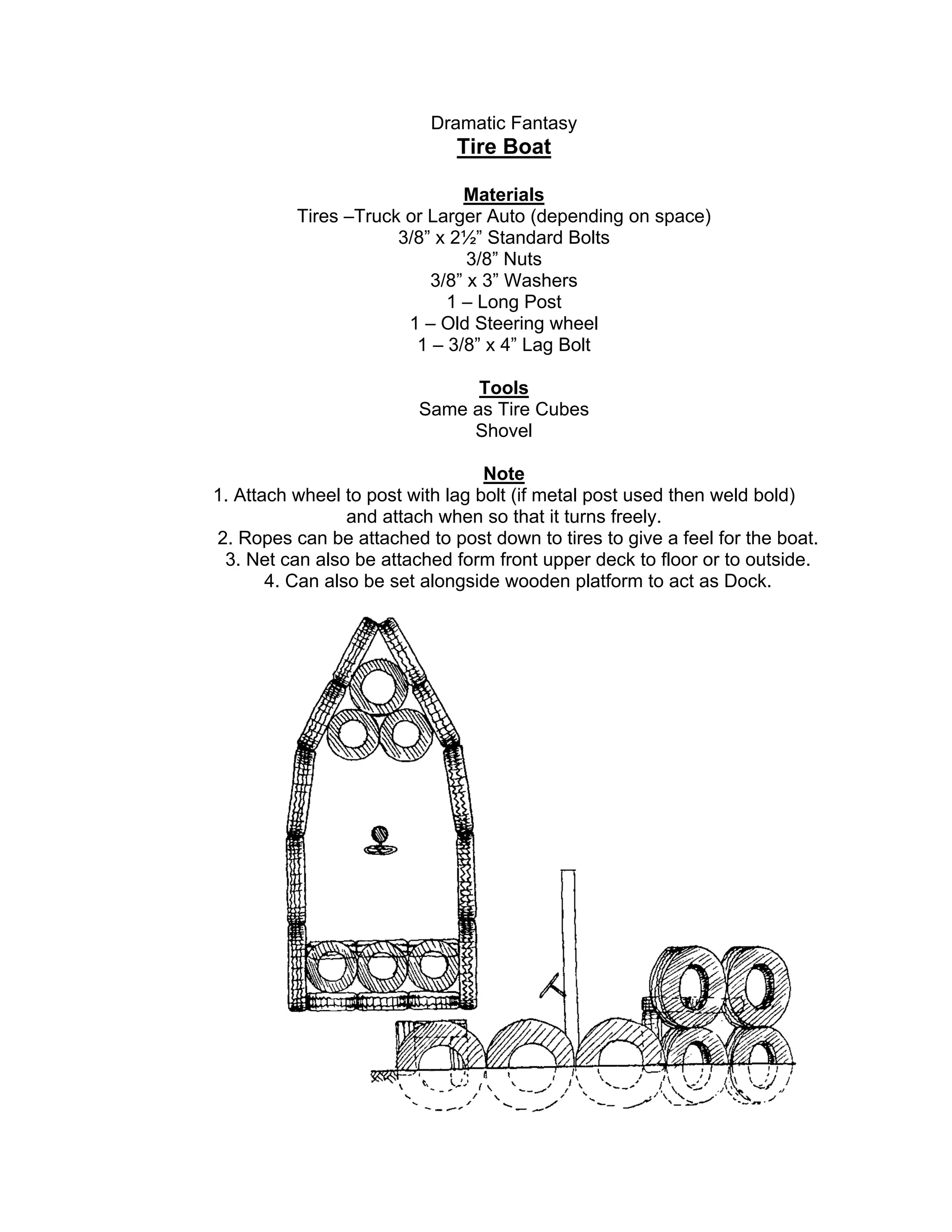 Dramatic Fantasy
Tire Boat
Materials
Tires –Truck or Larger Auto (depending on space)
3/8” x 2½” Standard Bolts
3/8” Nuts
3/8” x 3” Washers
1 – Long Post
1 – Old Steering wheel
1 – 3/8” x 4” Lag Bolt
Tools
Same as Tire Cubes
Shovel
Note
1. Attach wheel to post with lag bolt (if metal post used then weld bold)
and attach when so that it turns freely.
2. Ropes can be attached to post down to tires to give a feel for the boat.
3. Net can also be attached form front upper deck to floor or to outside.
4. Can also be set alongside wooden platform to act as Dock.
 