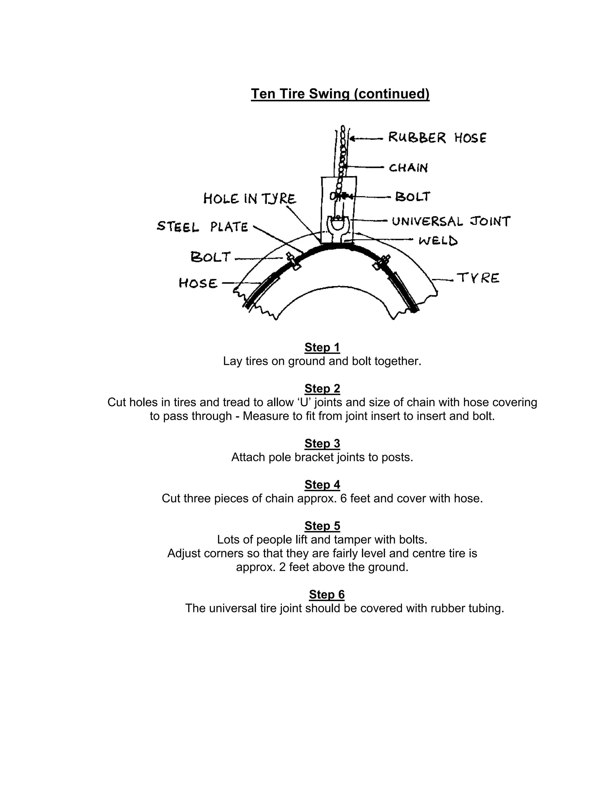 Ten Tire Swing (continued)
Step 1
Lay tires on ground and bolt together.
Step 2
Cut holes in tires and tread to allow ‘U’ joints and size of chain with hose covering
to pass through - Measure to fit from joint insert to insert and bolt.
Step 3
Attach pole bracket joints to posts.
Step 4
Cut three pieces of chain approx. 6 feet and cover with hose.
Step 5
Lots of people lift and tamper with bolts.
Adjust corners so that they are fairly level and centre tire is
approx. 2 feet above the ground.
Step 6
The universal tire joint should be covered with rubber tubing.
 