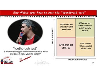 Also Mobile apps have to pass the “toothbrush test”
67
"toothbrush test“
"Is this something you will use once or twice a day,
and does it make your life better?"
 