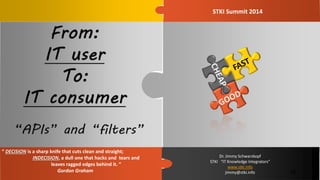 STKI Summit 2014
Dr. Jimmy Schwarzkopf
STKI “IT Knowledge Integrators”
www.stki.info
jimmy@stki.info
“ DECISION is a sharp knife that cuts clean and straight;
INDECISION, a dull one that hacks and tears and
leaves ragged edges behind it. ”
Gordon Graham 12
 