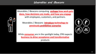 Wearables and iBeacons
Wearables / iBeacons computing reshape how work gets
done, how decisions are made, and how you engage
with employees, customers, and partners.
Wearables / iBeacons introduce technology to
previously prohibitive scenarios
While consumer are in the spotlight today, STKI expects
business to drive acceptance and transformative
products
23
 