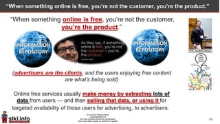 “When something online is free, you’re not the customer, you’re the product.”
“When something online is free, you’re not the customer,
you’re the product.”
(advertisers are the clients, and the users enjoying free content
are what’s being sold)
Online free services usually make money by extracting lots of
data from users — and then selling that data, or using it for
targeted availability of those users for advertising, to advertisers.
85
 