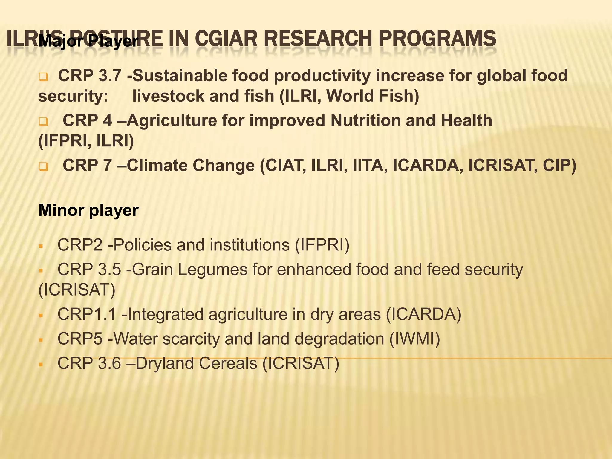 ILRI’s POSTURE in CGIAR Research programsMajor PlayerCRP 3.7 -Sustainable food productivity increase for global food   security:     livestock and fish (ILRI, World Fish)