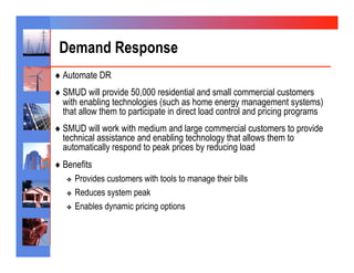 Demand Response
♦  Automate DR

♦  SMUD will provide 50,000 residential and small commercial customers
  with enabling technologies (such as home energy management systems)
  that allow them to participate in direct load control and pricing programs
♦  SMUD will work with medium and large commercial customers to provide
  technical assistance and enabling technology that allows them to
  automatically respond to peak prices by reducing load
♦  Benefits
   ❖  Provides customers with tools to manage their bills
   ❖  Reduces system peak

   ❖  Enables dynamic pricing options
 