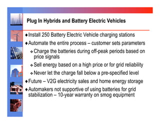 Plug In Hybrids and Battery Electric Vehicles

♦ Install 250 Battery Electric Vehicle charging stations
♦ Automate the entire process – customer sets parameters
  ❖  Charge    the batteries during off-peak periods based on
      price signals
   ❖  Sell energy based on a high price or for grid reliability

   ❖  Never let the charge fall below a pre-specified level

♦ Future – V2G electricity sales and home energy storage
♦ Automakers not supportive of using batteries for grid
  stabilization – 10-year warranty on smog equipment
 