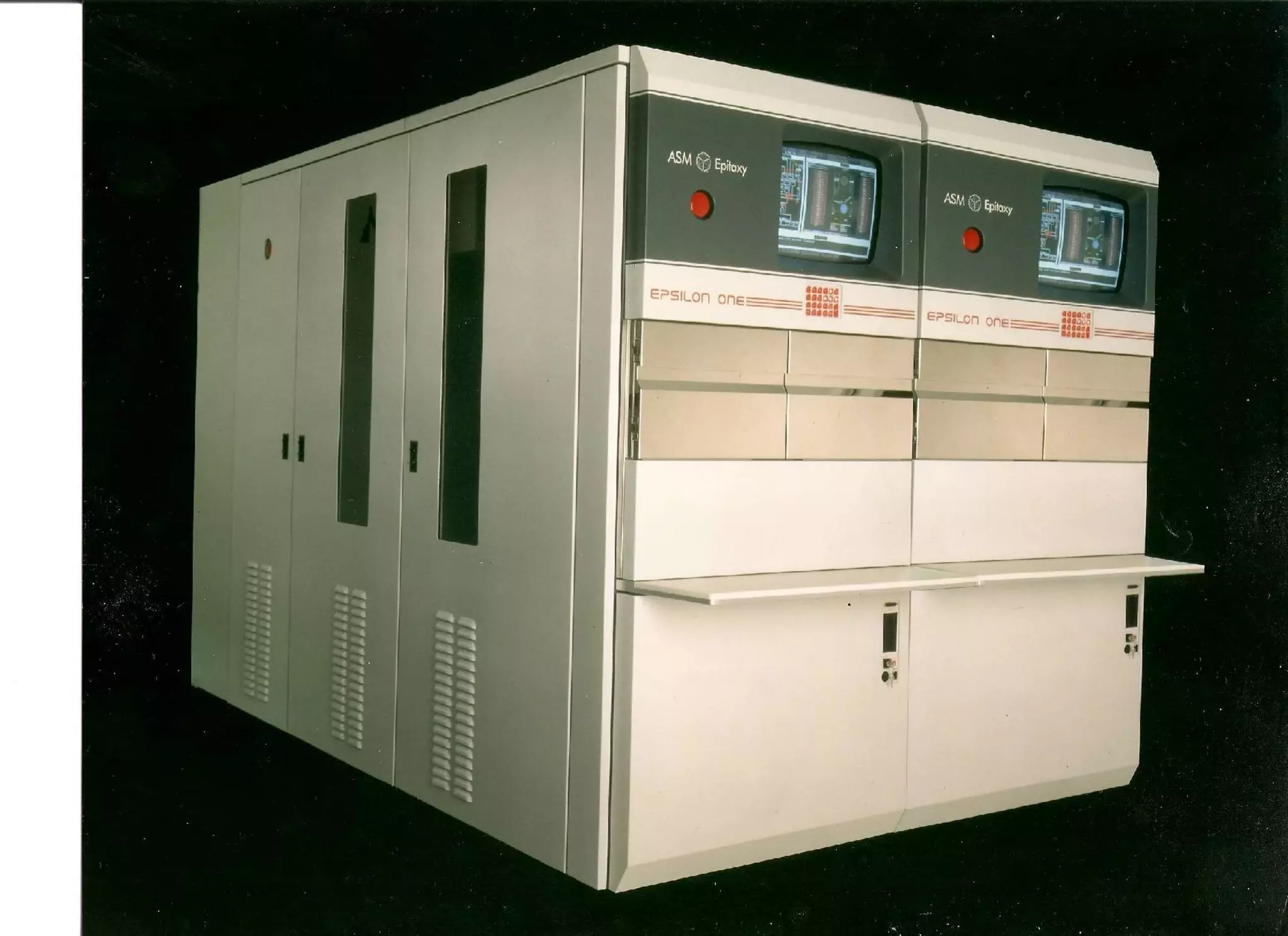 ASM Epsilon One single wafer epitaxy reactor - circa
1988 - Responsible for the overall layout of major
components, frame design (1.5" square steel tubing),
nickle plated load lock doors, shelf, and sheet metal
doors and panels (16-18 GA cold rolled sheet metal).
Awarded "Product of the Year - 1988" by
Semiconductor International magazine.
 