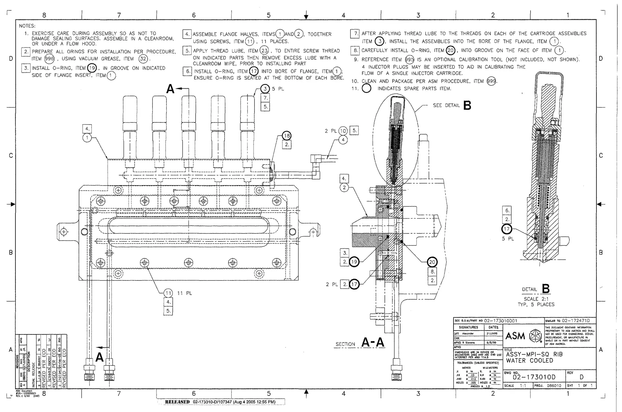 ASM Epitaxy Injector Flange Assembly - circa
1993-2009 - Machined 316L stainless steel flange used
to inject process gases into the quartz process chamber.
Gas flow is "tuned" via five inlet ports with micrometer
head inject cartridges. Flange is water-cooled and seals
are o-rings. - PRO/Engineer
 
