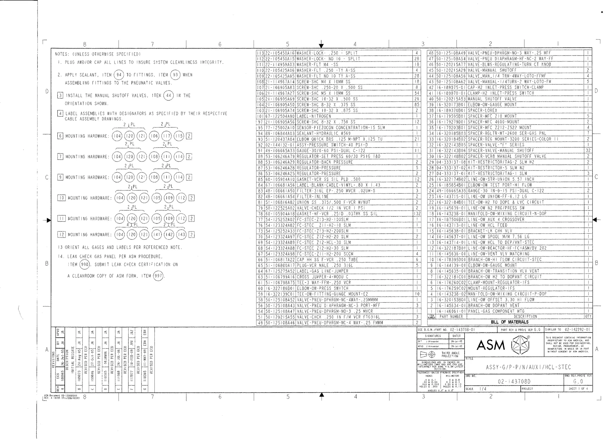 ASM Epitaxy Gas Panel Assembly Drawing - sheet 1 -
circa 1988-2009 - Second page of assembly drawing
includes remaining bill of material items and 3D (PRO/E)
illustrations of the assembly. - PRO/E
 