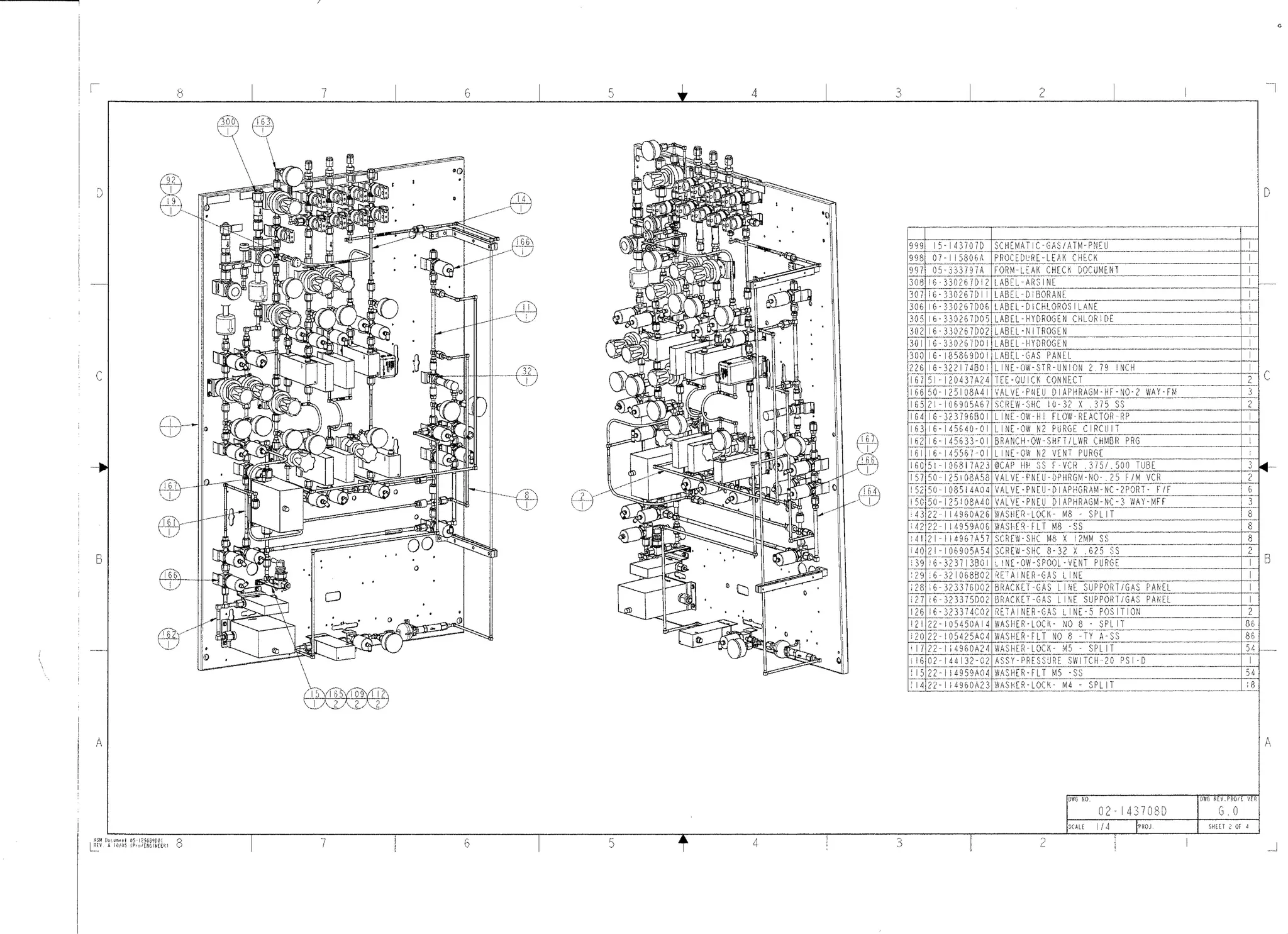 ASM Epitaxy Gas Panel Assembly Drawing -
sheet 2 - circa 1988-2009 - Second page of
assembly drawing includes remaining bill of
material items and 3D (PRO/E) illustrations of
the assembly. - PRO/E
 