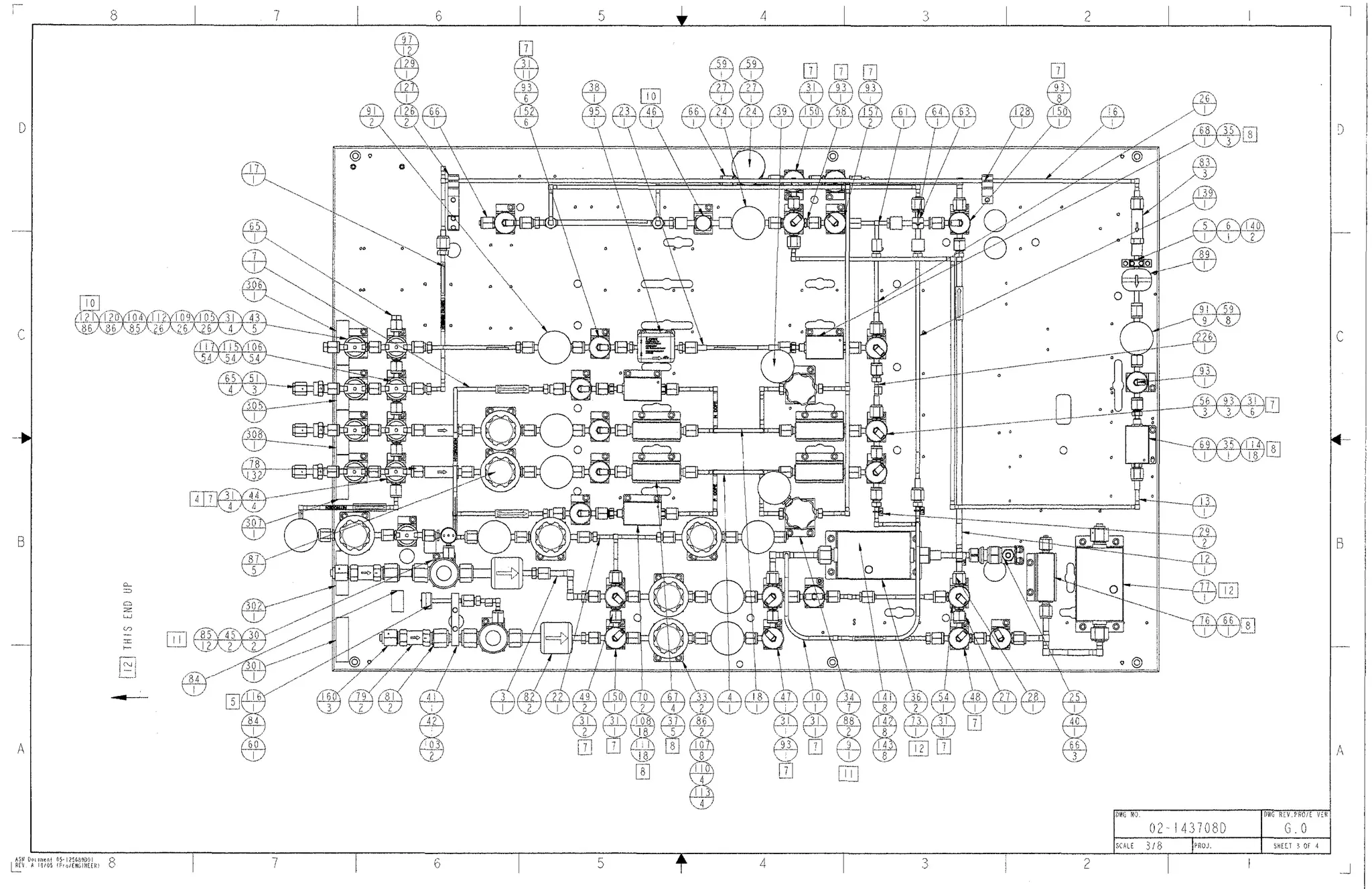 ASM Epitaxy Gas Panel Assembly Drawing - sheet 3; circa 1988-2009;
Third page of assembly drawing. Orthographic view including balloons
with bill of materials "Find Numbers" and the quantity of each item.
Responsibilities included component selection based on customer
requirements, the design for all inter-connecting gas lines, and
component labeling matching the gas schematic. PRO/E.
 