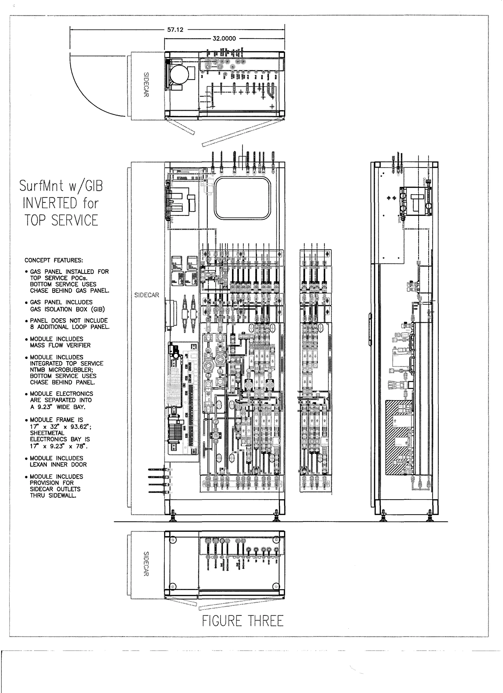 ASM Epitaxy Surface Mount Gas Module Concept - circa 2008-9 - Self-initiated concept
for a reduced footprint gas module with enhanced functionality. Concept illustrates
integration of several optional features which are currently bolted to the exterior of the
gas module. Concept is currently on hold pending maturity of surface mount technology -
Autocad/PRO/E.
 