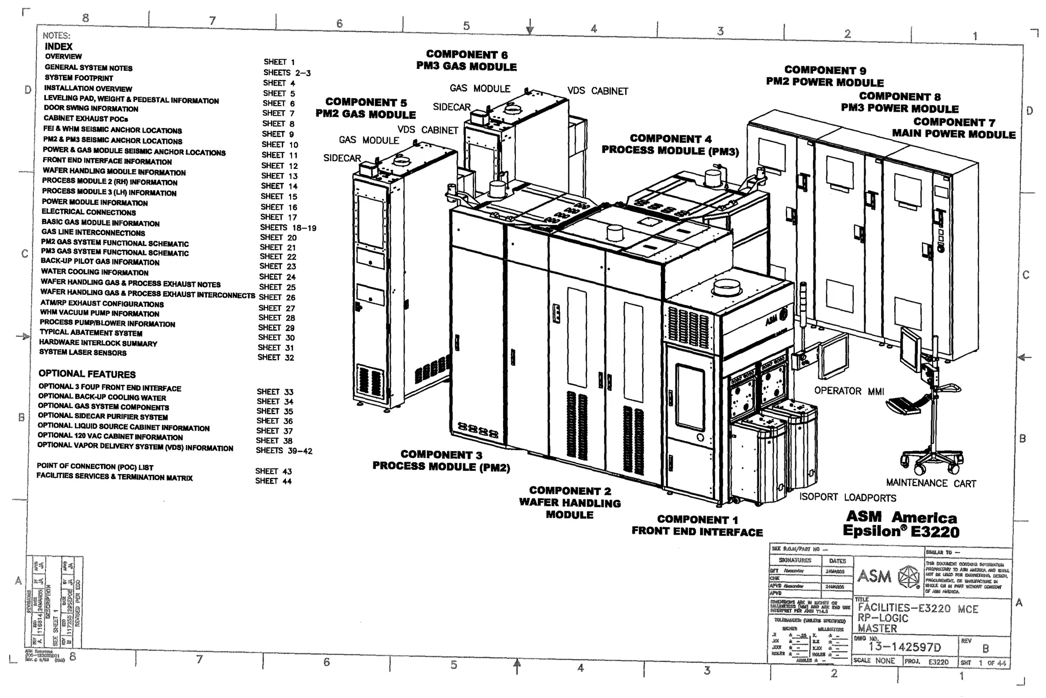 ASM Epsilon E3220 300mm Cluster Reactor - circa 2008-9 -
Page one of a multi-sheet document compiled to provide all
pertinent customer specific information required to install the tool
in the customer's facility. Autocad PRO/E.
 