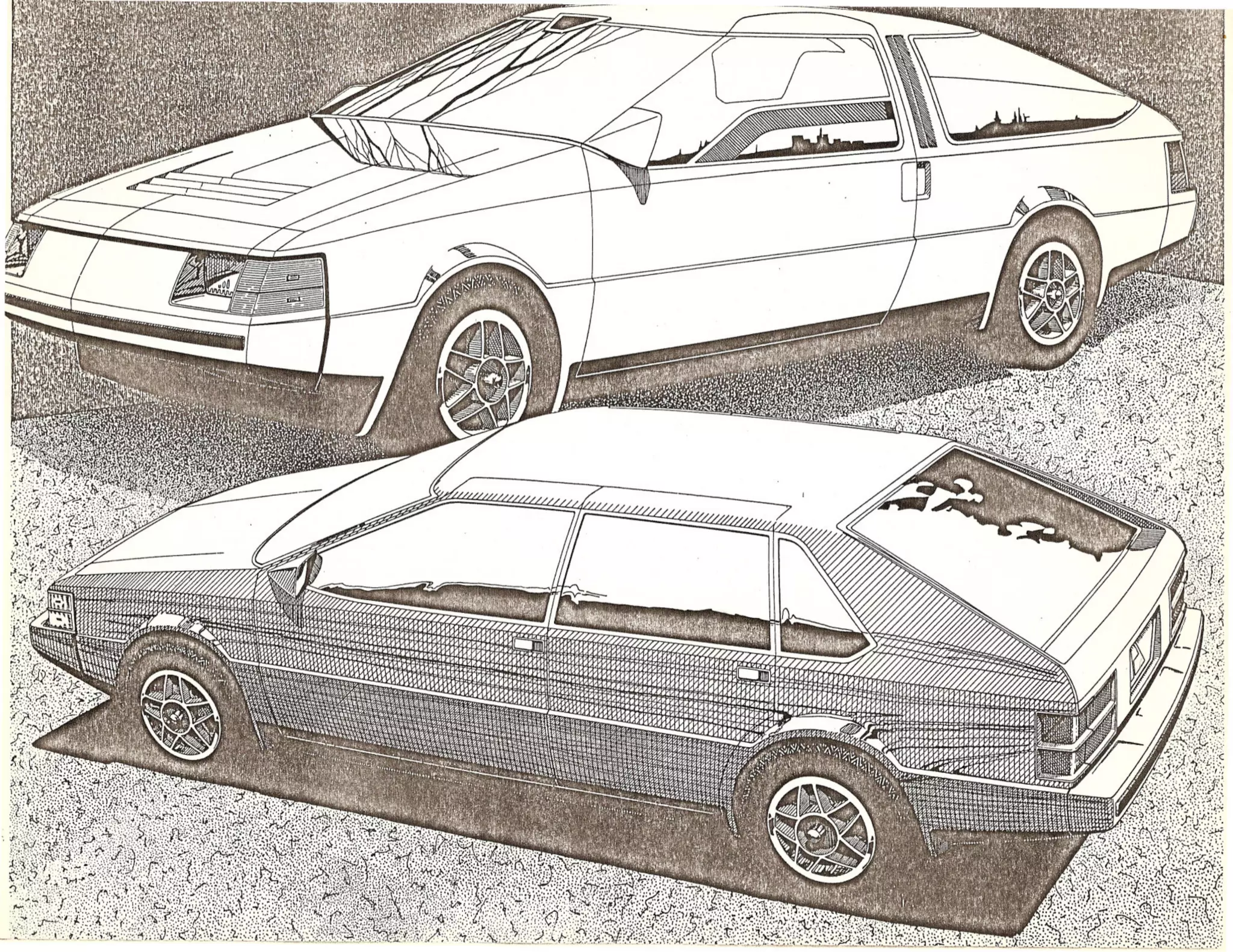 Pen and ink drawing of an
original concept for a compact
sports sedan - circa 1986
 
