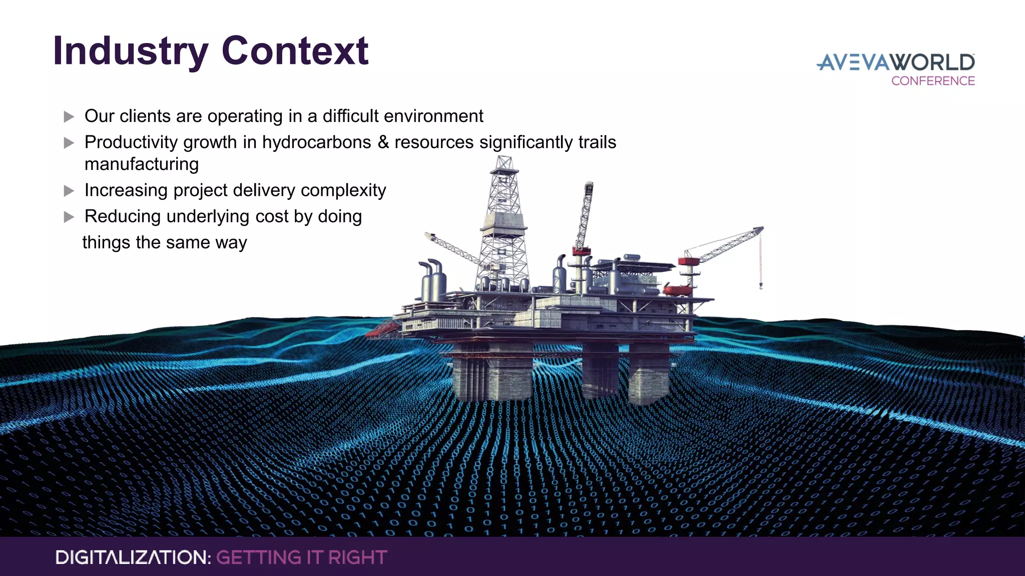 © 2017 AVEVA Solutions Limited and its subsidiaries. All rights reserved.
Industry Context
 Our clients are operating in a difficult environment
 Productivity growth in hydrocarbons & resources significantly trails
manufacturing
 Increasing project delivery complexity
 Reducing underlying cost by doing
things the same way
 