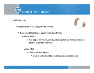 Lean & MES at AB
MS Electrodes
– Consolidate KPI tracking in one system
Defects, Defect Rate, Cycle Time, Lead Time
– Before MES
» Pull paper travelers, review dates & times, manually enter 
data in Excel for analysis
– After MES
» Device History Report
One click button for reporting output into Excel
 