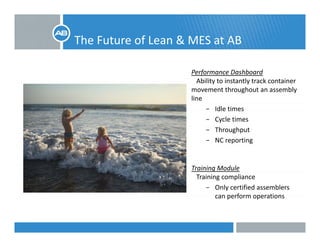 The Future of Lean & MES at AB
Performance Dashboard
Ability to instantly track container 
movement throughout an assembly 
line
Idle times− Idle times
− Cycle times
− Throughput
NC ti− NC reporting
Training ModuleTraining Module
Training compliance
− Only certified assemblers 
can perform operations
 
