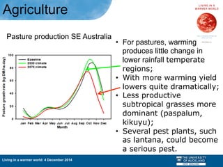 Living in a warmer world: 4 December 2014
Agriculture
Pasture production SE Australia
•  For pastures, warming
produces little change in
lower rainfall temperate
regions;
•  With more warming yield
lowers quite dramatically;
•  Less productive
subtropical grasses more
dominant (paspalum,
kikuyu);
•  Several pest plants, such
as lantana, could become
a serious pest.
 