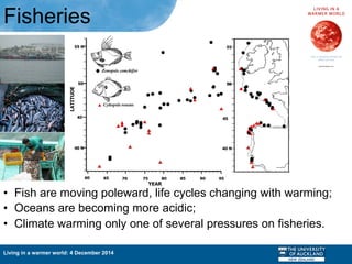 Living in a warmer world: 4 December 2014
Fisheries
•  Fish are moving poleward, life cycles changing with warming;
•  Oceans are becoming more acidic;
•  Climate warming only one of several pressures on fisheries.
 