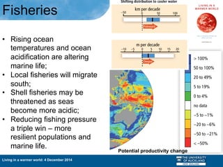 Living in a warmer world: 4 December 2014
•  Rising ocean
temperatures and ocean
acidification are altering
marine life;
•  Local fisheries will migrate
south;
•  Shell fisheries may be
threatened as seas
become more acidic;
•  Reducing fishing pressure
a triple win – more
resilient populations and
marine life.
Fisheries
Potential productivity change
 