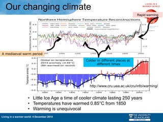 Living in a warmer world: 4 December 2014
Our changing climate
•  Little Ice Age a time of cooler climate lasting 250 years
•  Temperatures have warmed 0.85°C from 1850
•  Warming is unequivocal
A mediaeval warm period
Rapid warming
Colder in different places at
different times
http://www.cru.uea.ac.uk/cru/info/warming/
 