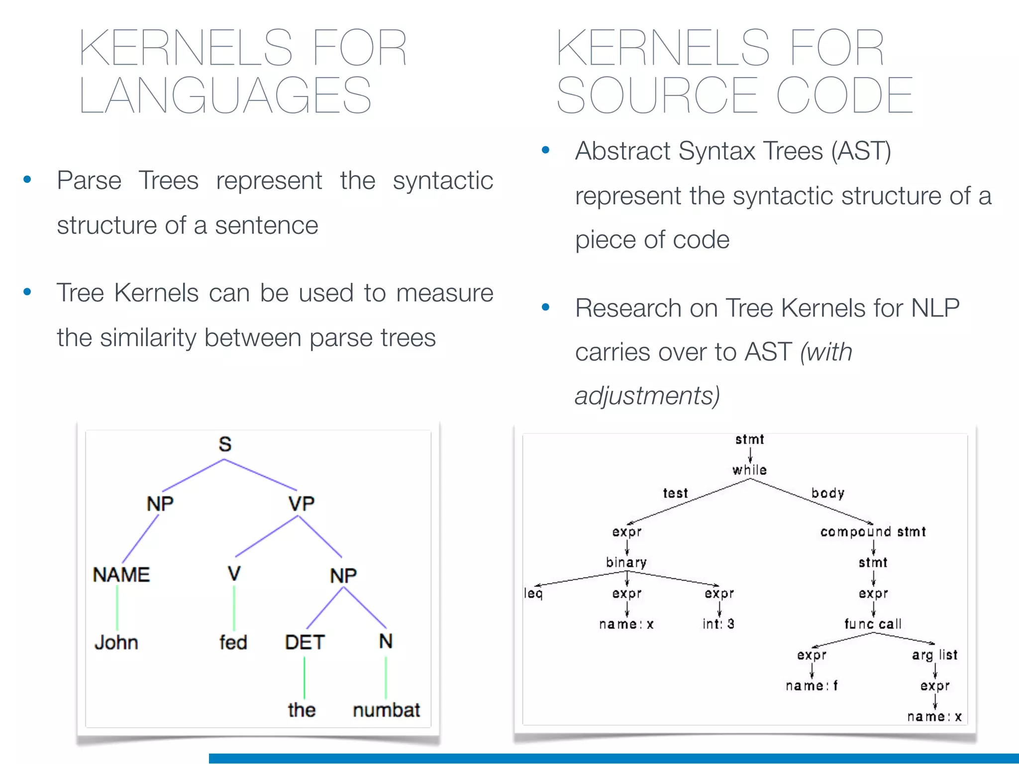 • Parse Trees represent the syntactic
structure of a sentence
• Tree Kernels can be used to measure
the similarity between parse trees
KERNELS FOR
LANGUAGES
• Abstract Syntax Trees (AST)
represent the syntactic structure of a
piece of code
• Research on Tree Kernels for NLP
carries over to AST (with
adjustments)
KERNELS FOR
SOURCE CODE
 