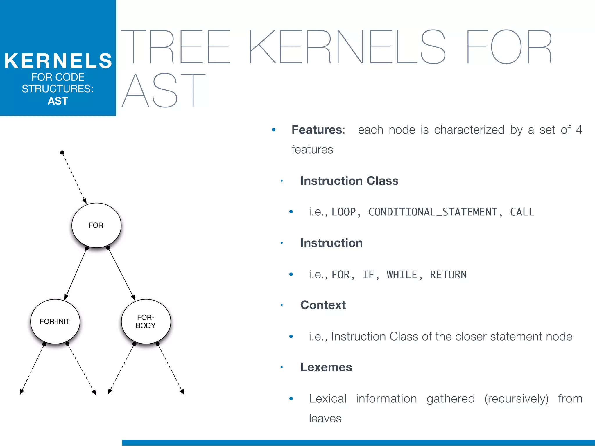 • Features: each node is characterized by a set of 4
features
• Instruction Class
• i.e., LOOP, CONDITIONAL_STATEMENT, CALL
• Instruction
• i.e., FOR, IF, WHILE, RETURN
• Context
• i.e., Instruction Class of the closer statement node
• Lexemes
• Lexical information gathered (recursively) from
leaves
KERNELS
FOR CODE
STRUCTURES:
AST
TREE KERNELS FOR
AST
FOR
FOR-INIT
FOR-
BODY
 