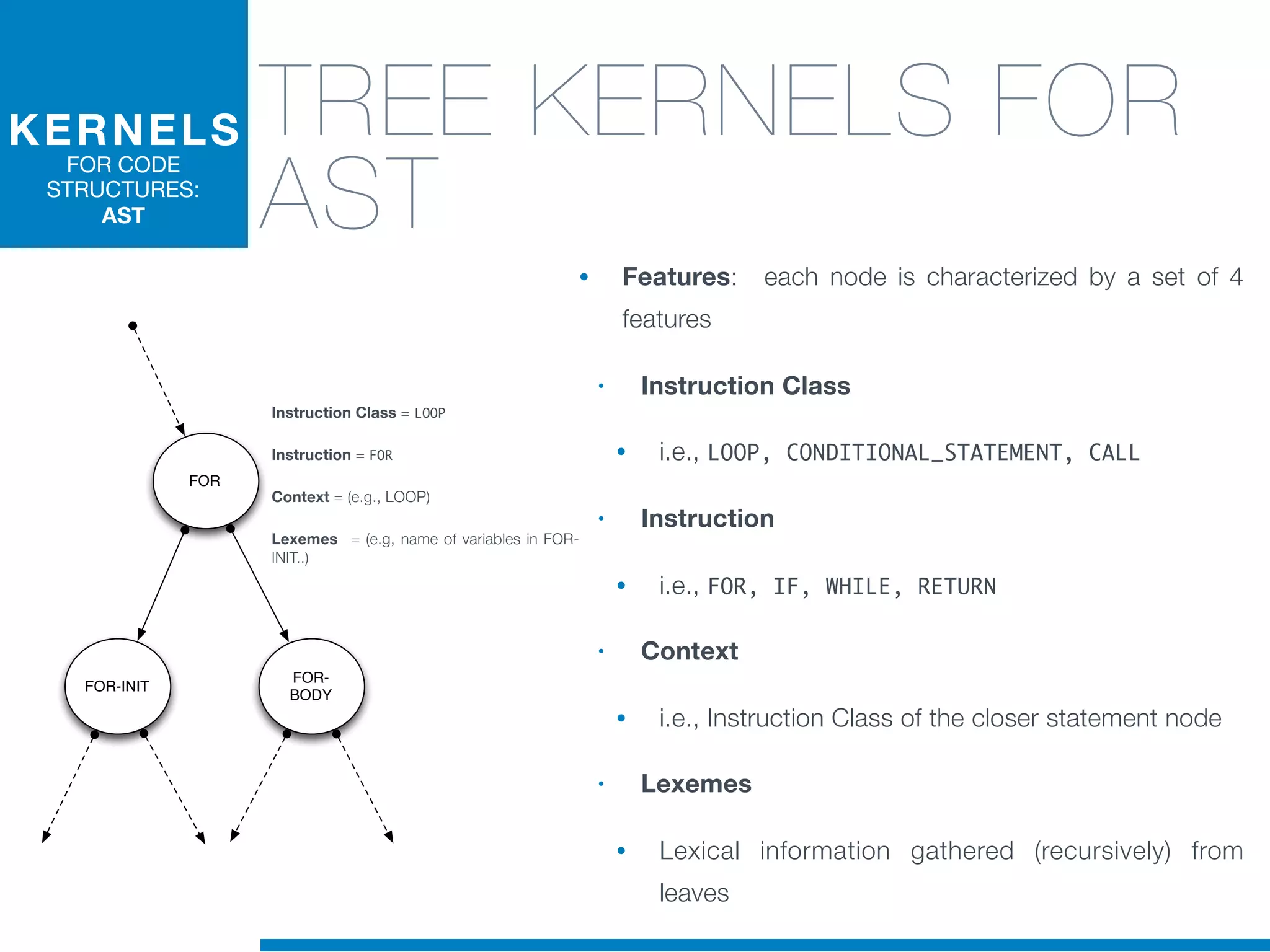 • Features: each node is characterized by a set of 4
features
• Instruction Class
• i.e., LOOP, CONDITIONAL_STATEMENT, CALL
• Instruction
• i.e., FOR, IF, WHILE, RETURN
• Context
• i.e., Instruction Class of the closer statement node
• Lexemes
• Lexical information gathered (recursively) from
leaves
KERNELS
FOR CODE
STRUCTURES:
AST
Instruction Class = LOOP
Instruction = FOR
Context = (e.g., LOOP)
Lexemes = (e.g, name of variables in FOR-
INIT..)
TREE KERNELS FOR
AST
FOR
FOR-INIT
FOR-
BODY
 