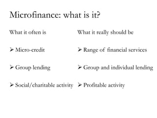 Microfinance: what is it?
What it often is             What it really should be

 Micro-credit                Range of financial services

 Group lending               Group and individual lending

 Social/charitable activity  Profitable activity
 