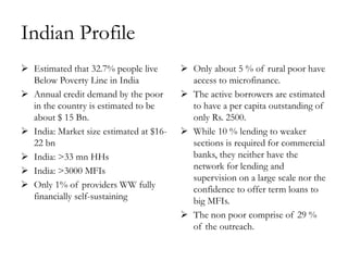 Indian Profile
 Estimated that 32.7% people live        Only about 5 % of rural poor have
  Below Poverty Line in India              access to microfinance.
 Annual credit demand by the poor        The active borrowers are estimated
  in the country is estimated to be        to have a per capita outstanding of
  about $ 15 Bn.                           only Rs. 2500.
 India: Market size estimated at $16-    While 10 % lending to weaker
  22 bn                                    sections is required for commercial
 India: >33 mn HHs                        banks, they neither have the
 India: >3000 MFIs                        network for lending and
                                           supervision on a large scale nor the
 Only 1% of providers WW fully            confidence to offer term loans to
  financially self-sustaining              big MFIs.
                                          The non poor comprise of 29 %
                                           of the outreach.
 