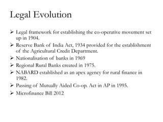 Legal Evolution
 Legal framework for establishing the co-operative movement set
  up in 1904.
 Reserve Bank of India Act, 1934 provided for the establishment
  of the Agricultural Credit Department.
 Nationalisation of banks in 1969
 Regional Rural Banks created in 1975.
 NABARD established as an apex agency for rural finance in
  1982.
 Passing of Mutually Aided Co-op. Act in AP in 1995.
 Microfinance Bill 2012
 