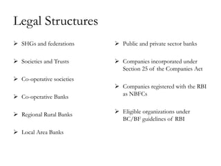 Legal Structures
 SHGs and federations      Public and private sector banks

 Societies and Trusts      Companies incorporated under
                             Section 25 of the Companies Act
 Co-operative societies
                            Companies registered with the RBI
 Co-operative Banks         as NBFCs


 Regional Rural Banks      Eligible organizations under
                             BC/BF guidelines of RBI

 Local Area Banks
 