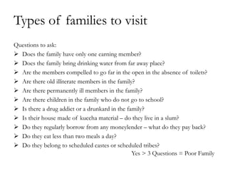 Types of families to visit
Questions to ask:
 Does the family have only one earning member?
 Does the family bring drinking water from far away place?
 Are the members compelled to go far in the open in the absence of toilets?
 Are there old illiterate members in the family?
 Are there permanently ill members in the family?
 Are there children in the family who do not go to school?
 Is there a drug addict or a drunkard in the family?
 Is their house made of kuccha material – do they live in a slum?
 Do they regularly borrow from any moneylender – what do they pay back?
 Do they eat less than two meals a day?
 Do they belong to scheduled castes or scheduled tribes?
                                                Yes > 3 Questions = Poor Family
 