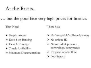 At the Roots..
… but the poor face very high prices for finance.
  They Need                   There have

     Simple process           No ‗acceptable‘ collateral/ surety
     Door Step Banking        No unique ID
     Flexible Timings         No record of previous
     Timely Availability       borrowings/ repayments
     Minimum Documentation    Irregular income flows
                               Low literacy
 