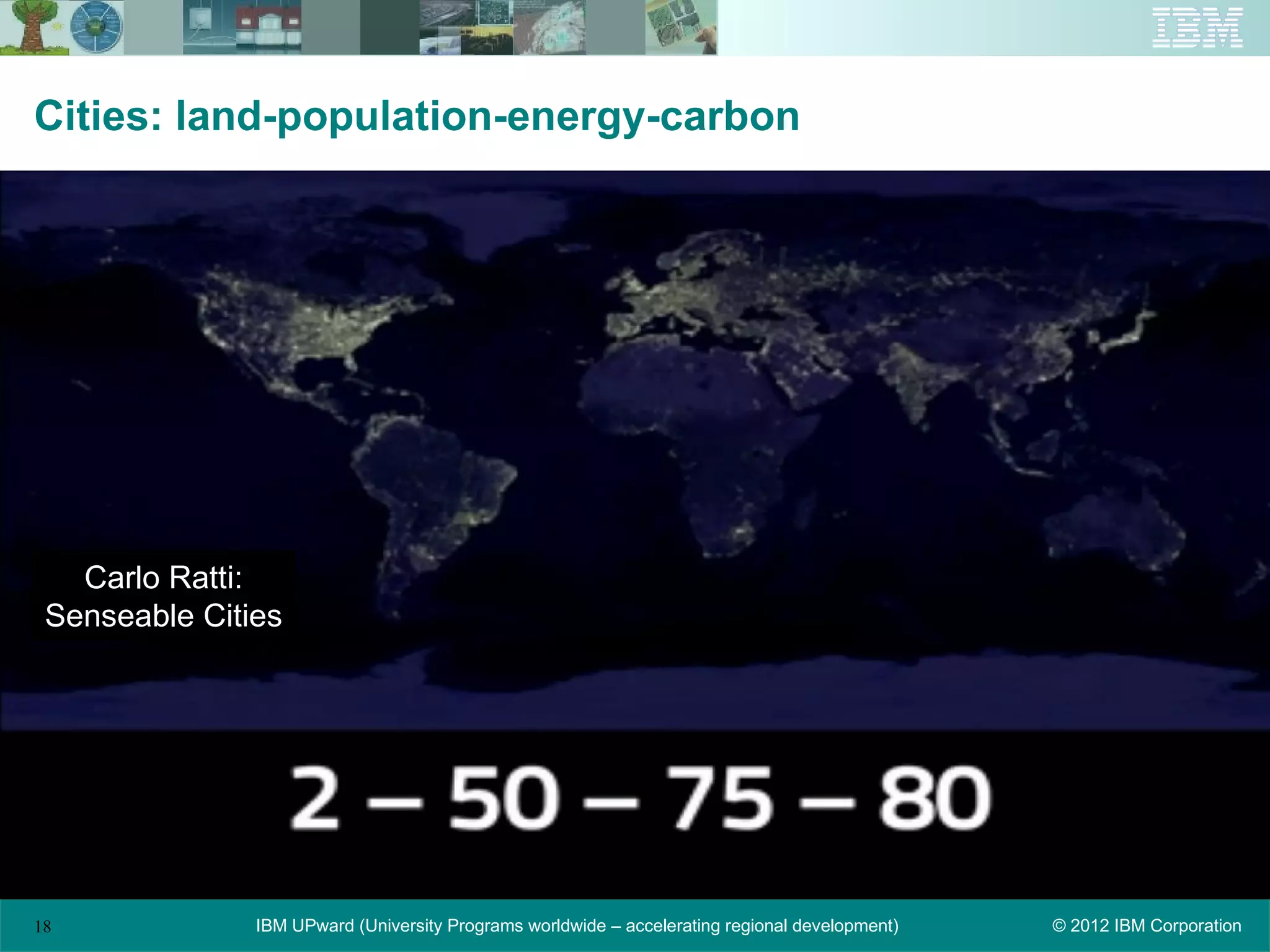 Cities: land-population-energy-carbon




   Carlo Ratti:
 Senseable Cities




18             IBM UPward (University Programs worldwide – accelerating regional development)   © 2012 IBM Corporation
 