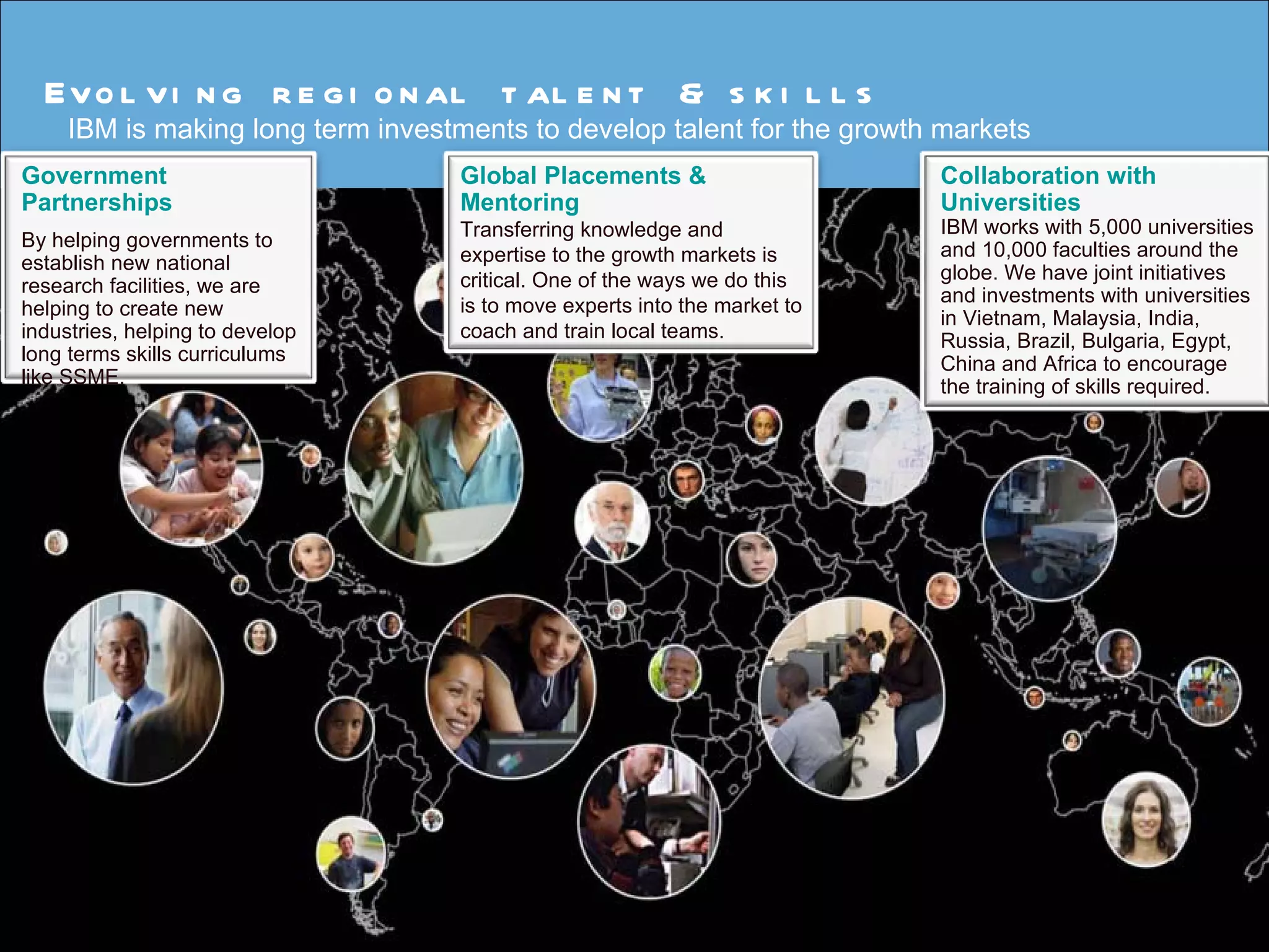 Evo l vi n g r e g i o n al t al e n t & s k i l l s
     IBM is making long term investments to develop talent for the growth markets
Government                                         Global Placements &                     Collaboration with
Partnerships                                       Mentoring                               Universities
                                                   Transferring knowledge and              IBM works with 5,000 universities
By helping governments to                                                                  and 10,000 faculties around the
establish new national                             expertise to the growth markets is
                                                   critical. One of the ways we do this    globe. We have joint initiatives
research facilities, we are                                                                and investments with universities
helping to create new                              is to move experts into the market to
                                                                                           in Vietnam, Malaysia, India,
industries, helping to develop                     coach and train local teams.            Russia, Brazil, Bulgaria, Egypt,
long terms skills curriculums                                                              China and Africa to encourage
like SSME.                                                                                 the training of skills required.




  86     IB M G M U E xte rnal R e lations 201 2
 
