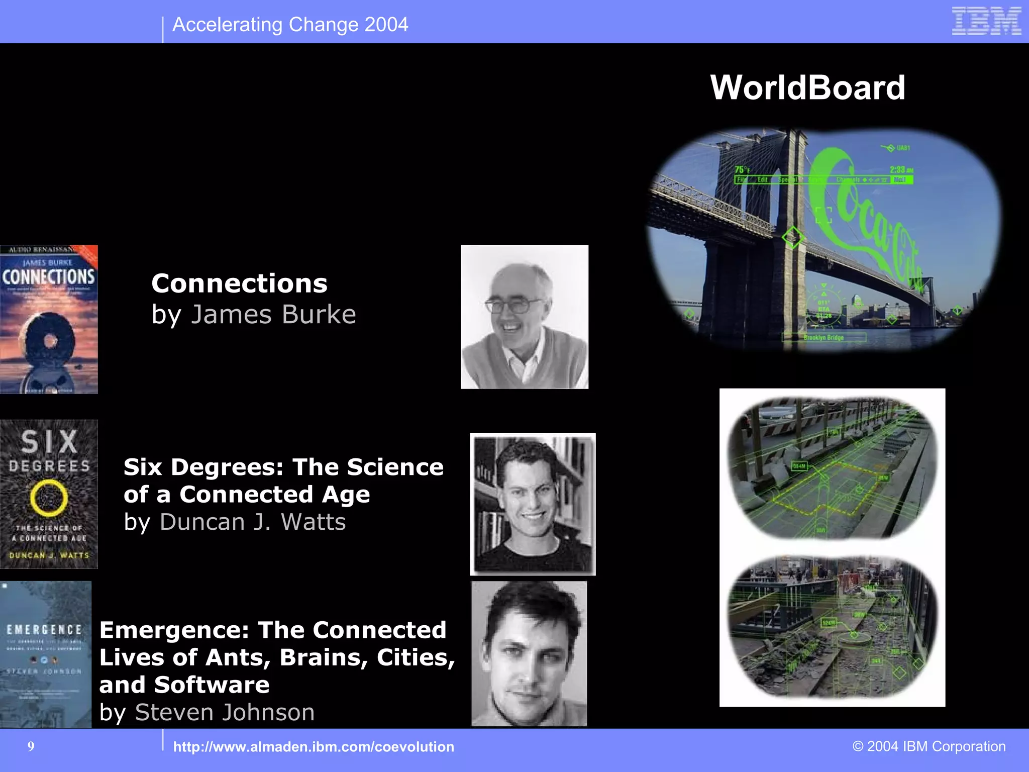 Accelerating Change 2004


                                                   WorldBoard
Collaborate (continued)


        Connections
        by James Burke




      Six Degrees: The Science
      of a Connected Age
      by Duncan J. Watts



    Emergence: The Connected
    Lives of Ants, Brains, Cities,
    and Software
    by Steven Johnson
9         http://www.almaden.ibm.com/coevolution          © 2004 IBM Corporation
 