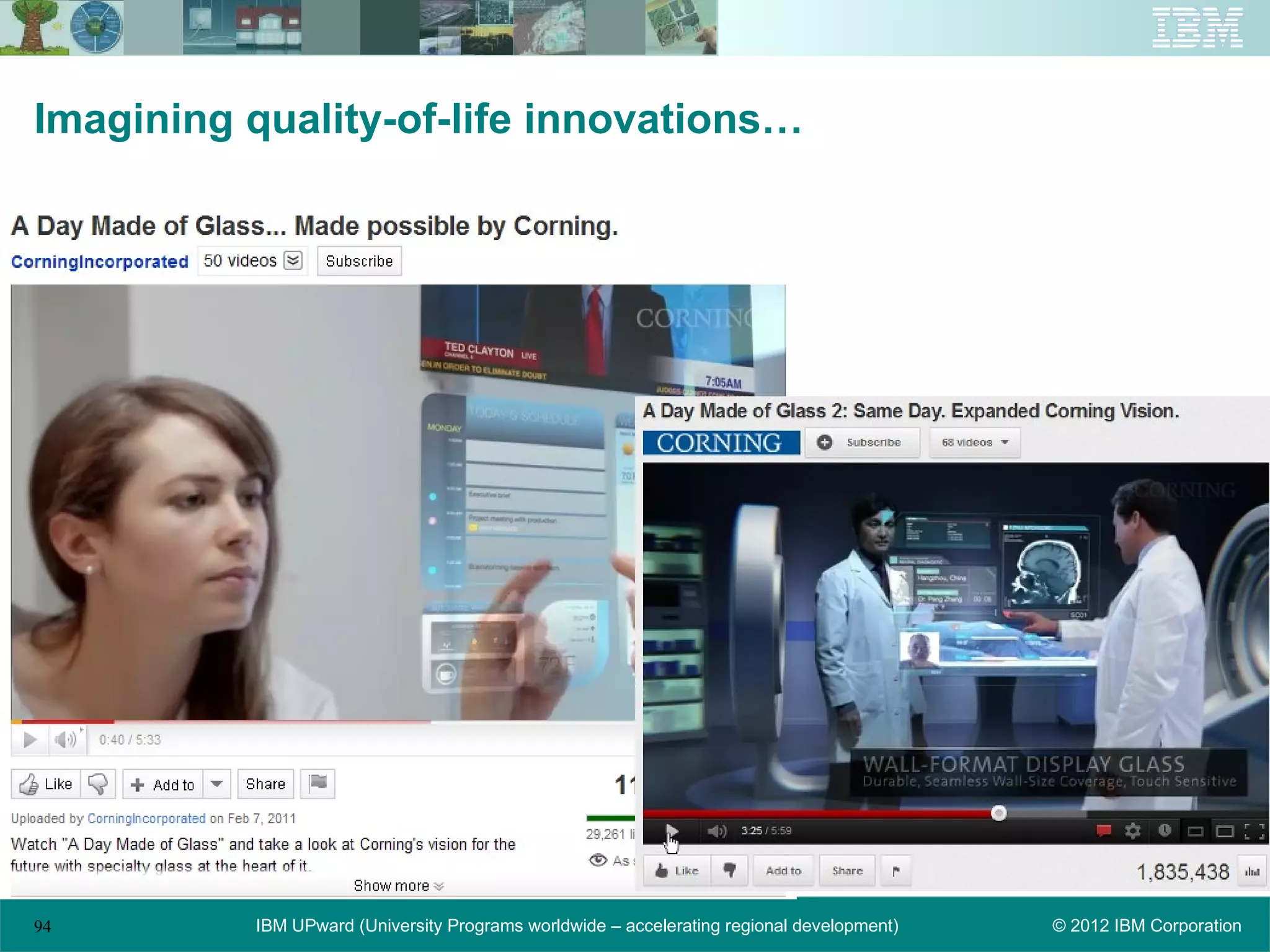 Imagining quality-of-life innovations…




94        IBM UPward (University Programs worldwide – accelerating regional development)   © 2012 IBM Corporation
 