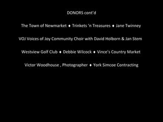 DONORS cont’d

 The Town of Newmarket ♦ Trinkets ‘n Treasures ♦ Jane Twinney

VOJ Voices of Joy Community Choir with David Holborn & Jan Stem

 Westview Golf Club ♦ Debbie Wilcock ♦ Vince’s Country Market

  Victor Woodhouse , Photographer ♦ York Simcoe Contracting
 