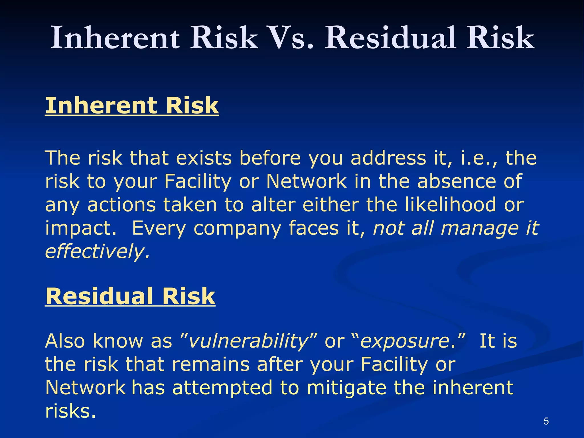 Inherent Risk Vs. Residual Risk Inherent Risk   The risk that exists before you address it, i.e., the risk to your Facility or Network in the absence of any actions taken to alter either the likelihood or impact.  Every company faces it,  not all manage it effectively. Residual Risk Also know as ” vulnerability ” or “ exposure .”  It is  the risk that remains after your Facility or Network   has attempted to mitigate the inherent risks. 