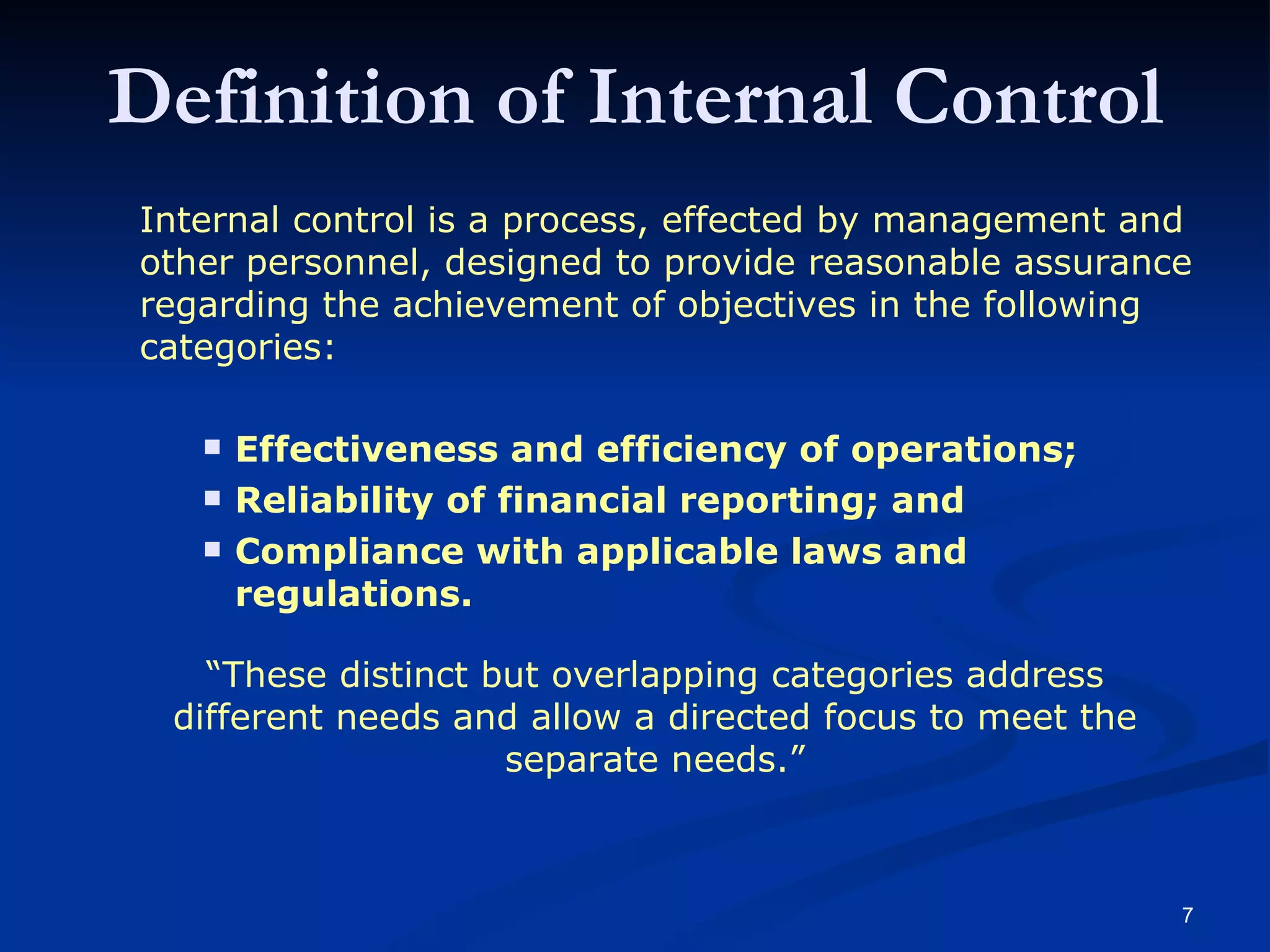 Internal control is a process, effected by management and other personnel, designed to provide reasonable assurance regarding the achievement of objectives in the following categories:   Effectiveness and efficiency of operations; Reliability of financial reporting; and   Compliance with applicable laws and regulations. “ These distinct but overlapping categories address different needs and allow a directed focus to meet the separate needs.” Definition of Internal Control 