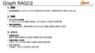 IBM ミドルウェア・ユーザー研究会
1. 概要
• GraphRAGは、LLMとナレッジグラフを組み合わせた技術で、情報を効率的に検索・生成します
2. 特徴
• ナレッジグラフの活用
データをエンティティとその関係で整理し、クエリに基づいて効率的に検索可能
• 柔軟な検索能力
グラフ構造を活用し、単純な検索では対応できない複雑・抽象的な質問にも回答
3. メリット
• 正確性の向上
複雑で抽象的な質問にも正確かつ関連性の高い回答を提供
• 多様な用途への対応
分散データやノイズが多い環境でも適切に情報を活用可能
• スケーラビリティ
大規模データセットにも効率的に対応可能
Graph RAGとは
 